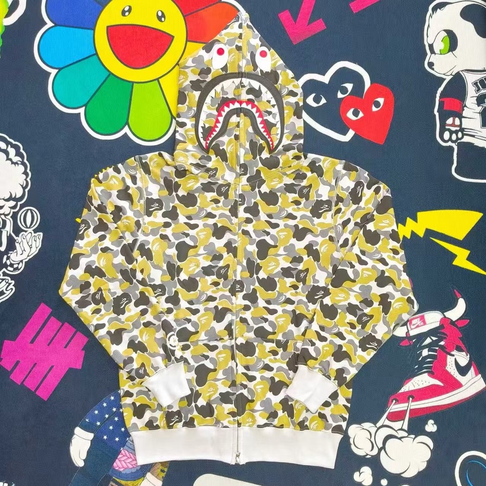 Bape Yellow Green Camo Shark Zip Hoodie